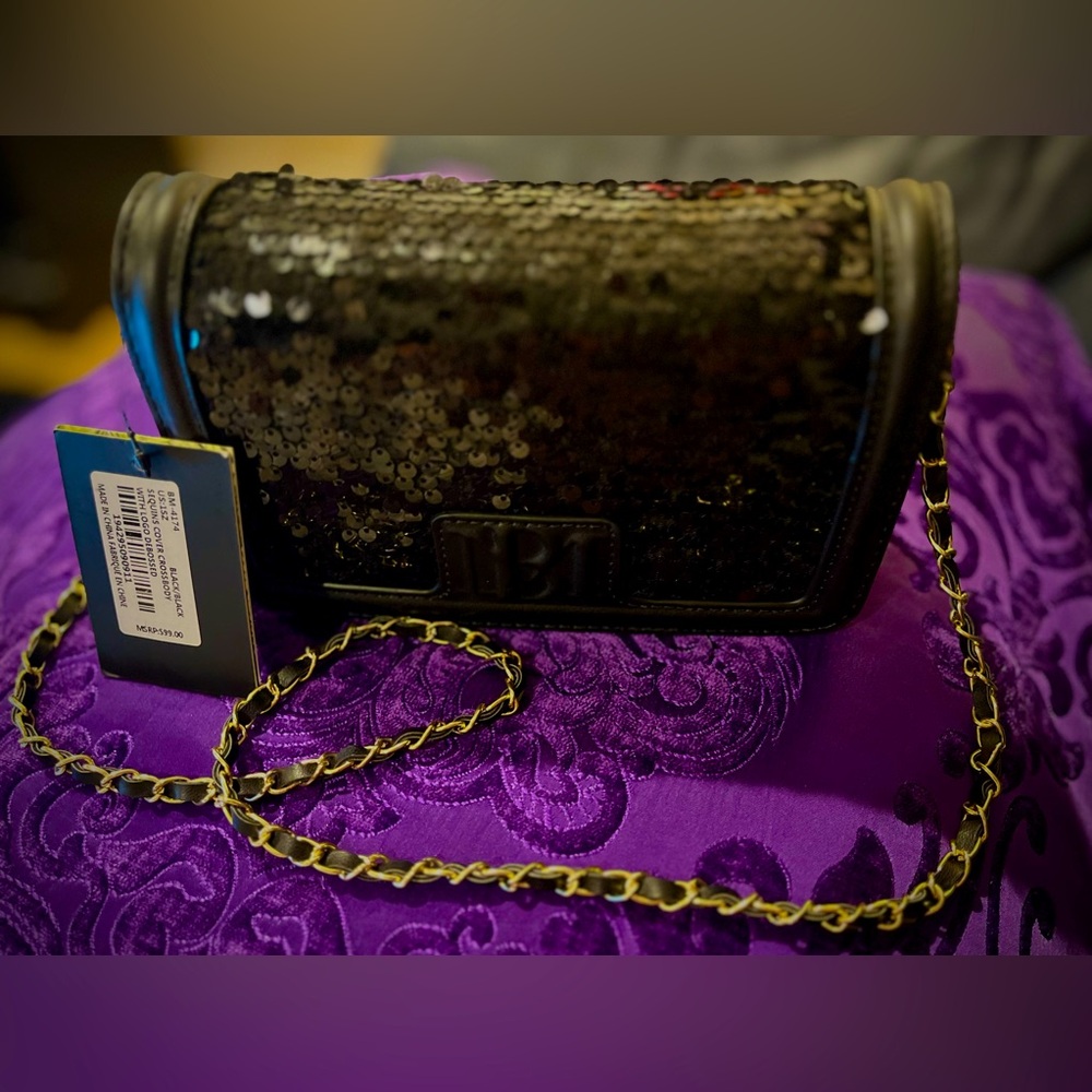 Badgley Mischka Black Sequins Cover Crossbody Bag Purse Wallet - Picture 2 of 13